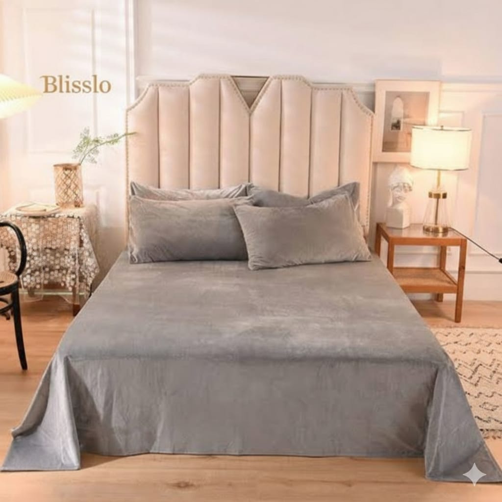 Luxury Velvet Double Bedsheet with 2 Pillow Covers – Soft, Rich & Elegant grey - design 3